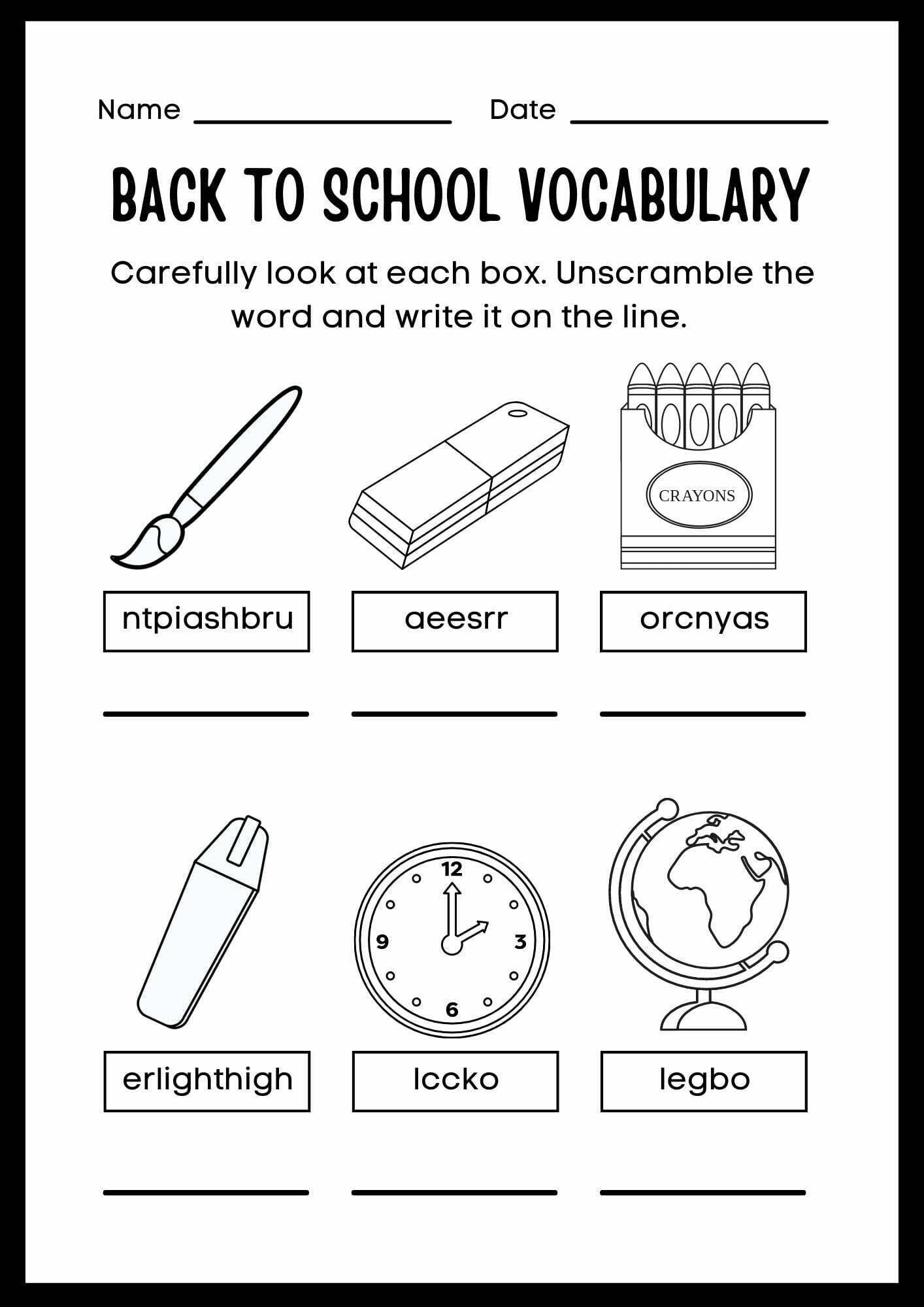 Back to School Activity Vocabulary Worksheet for Kids