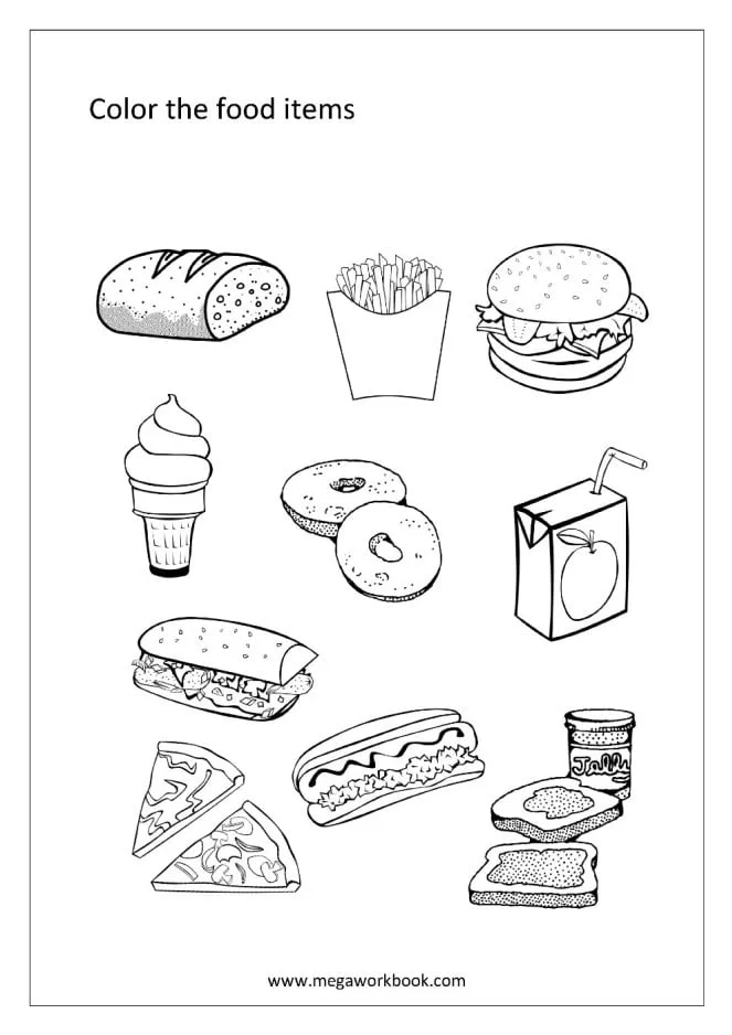 A4 Color the Food Items Worksheet Download